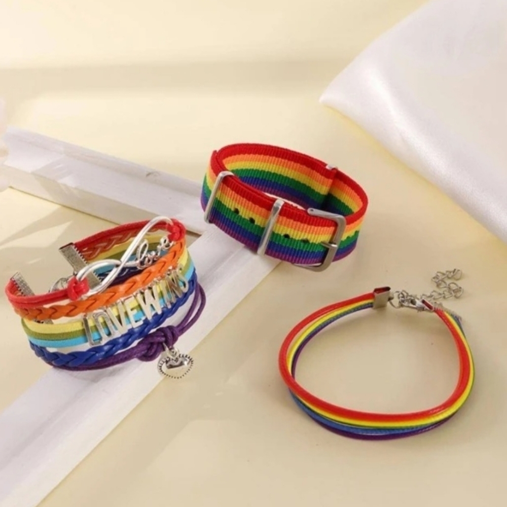 Hand Crafted Rainbow multicolored bracelets Set of 3 LGBTQIA+ Pride Adjustable - Picture 4 of 7